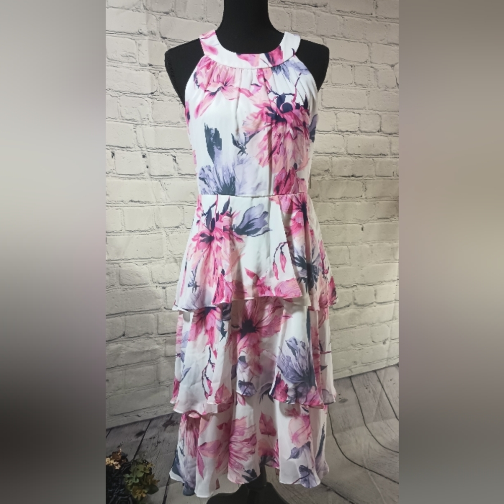 Floral Silhouette WovenChiffon Tiered OverlayDress Blush SL Fashions